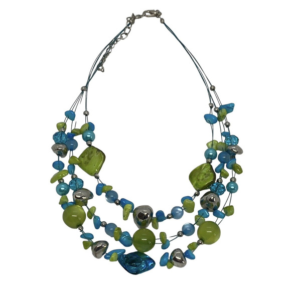 Estate Jewelry - Multicolored Turquoise Stones Green Beads Three Strand Necklace Handcrafted